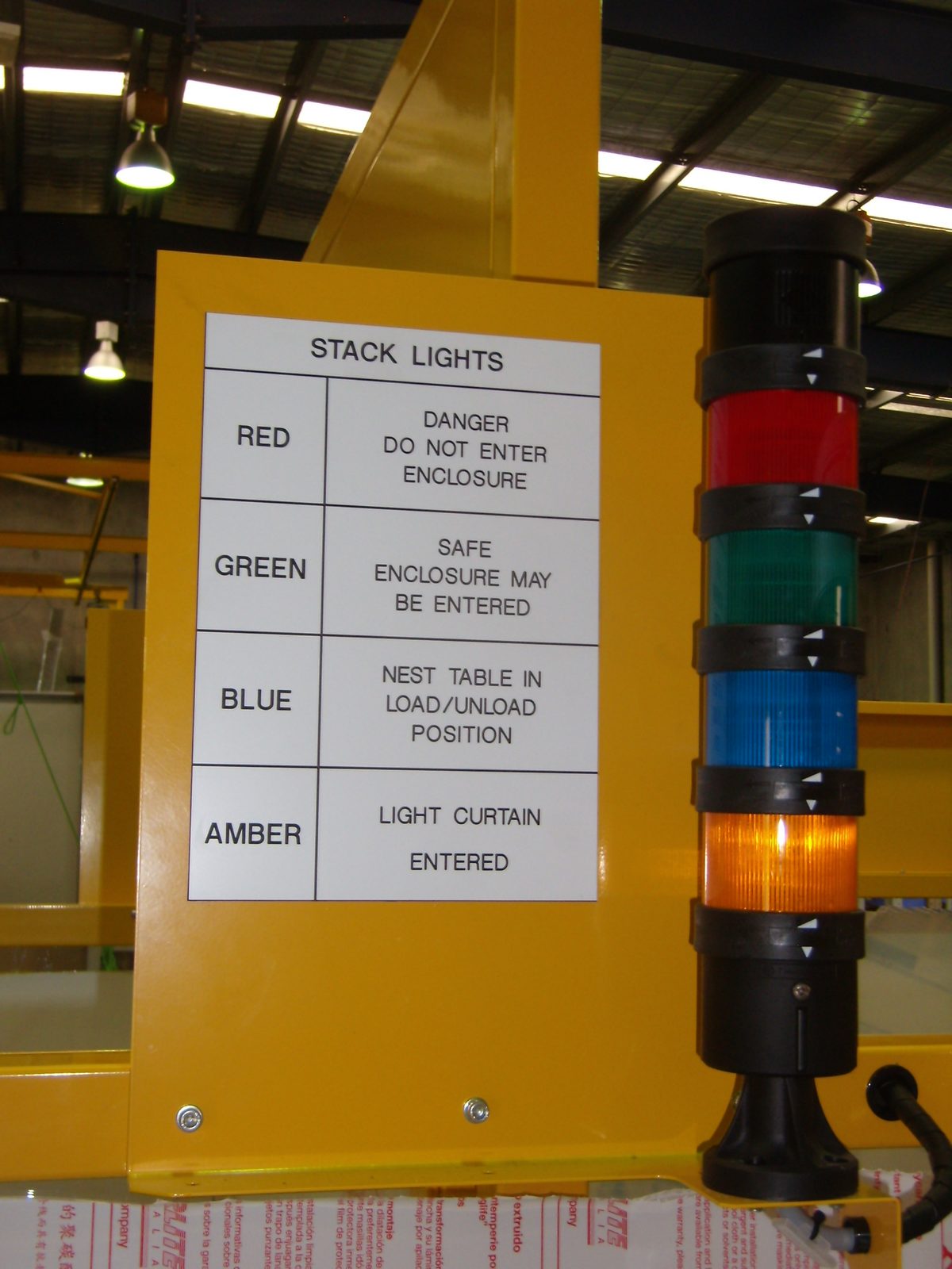 Safety stack light with status legend